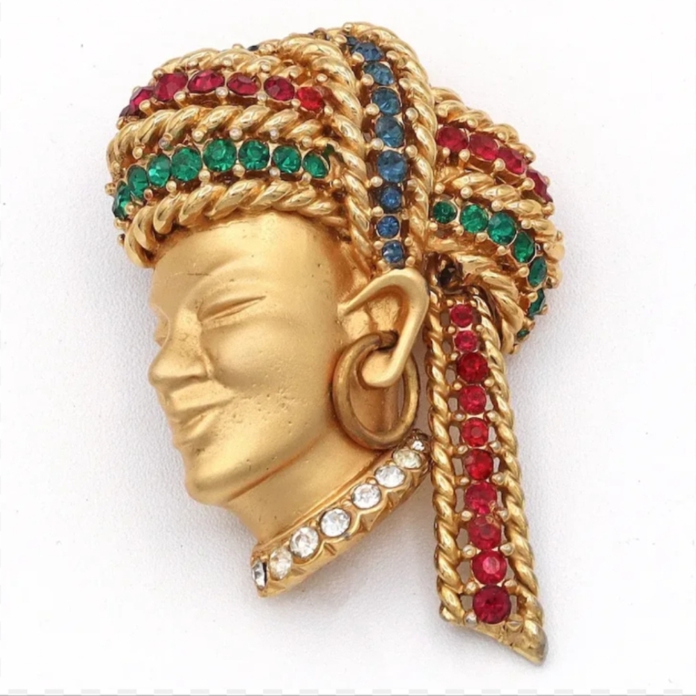 Vintage Marcel Boucher Gold Plated Brooch with Red, Green, and Blue Accents
